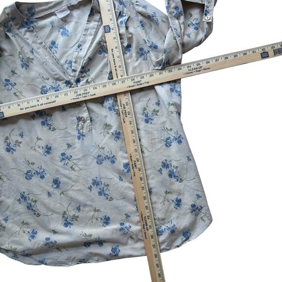 Unbranded 1980s Floral Henley Popover Blouse Blue Cream Roll-Tab Sleeve L - Picture 4 of 5